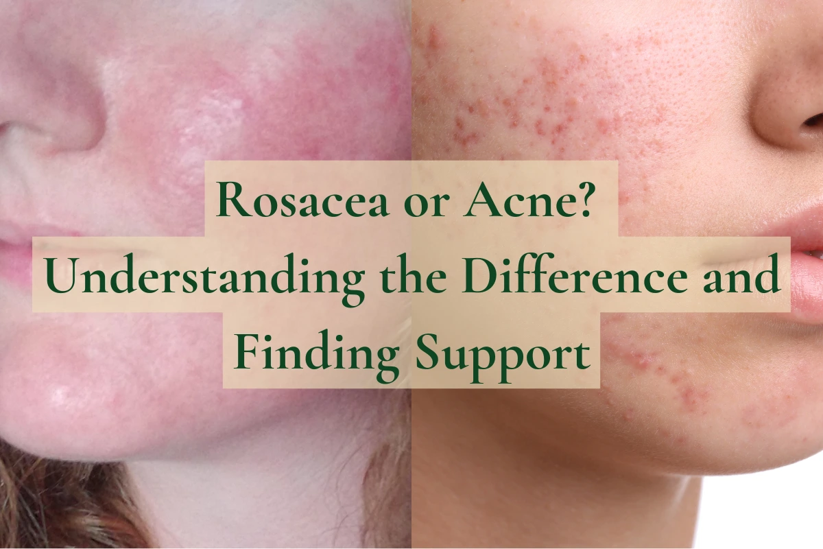 Side-by-side close-up portraits: one showing rosacea with red, flushed skin and visible vessels, and the other showing acne with pimple-like blemishes, overlaid with the title 'Rosacea or Acne? Understanding the Difference and Finding Support.